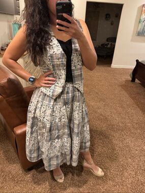Erika & Co womens M 100% cotton country quilted vest full A-line pull on skirt f